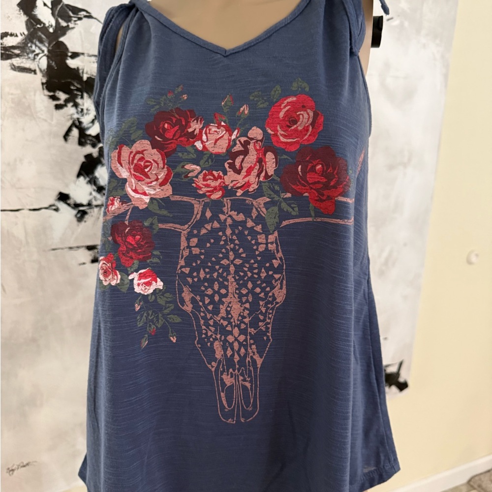 Cherokee Blue Tank Top with Floral Skull Design